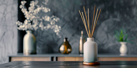 Fototapeta premium An aroma diffuser stands on a table in a modern designer interior. Copyspace, place for text.
