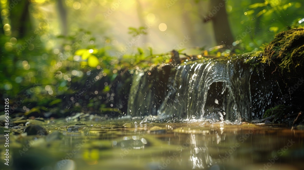 Poster serene forest stream with sunlight filtering through trees