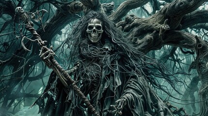 Obraz premium Eerie skeleton with a skull, long black hair, and a dark cloak, wielding a scythe in a mystical forest, embodying a symbol of halloween horror.
