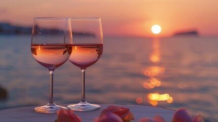 Romantic sunset with glasses of pink wine by the sea, selective focus in realistic photo