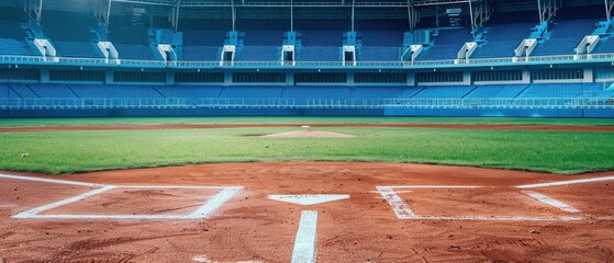 Obraz premium Baseball field with empty stands, sports news background, clear text area