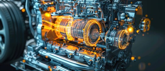 Fototapeta premium Car engine with components highlighted, fuel efficiency, mechanical innovation