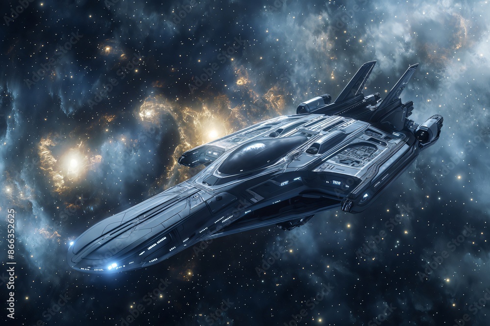 Poster futuristic and imposing spaceship is traversing a distant galaxy, with bright nebulae illuminating i