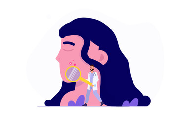  Face with pimples. Acne, skin care, skin health and dermatology, Face mask  concept. Vector flat illustration.