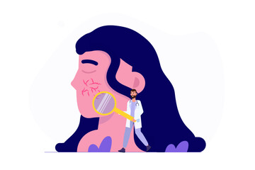 Woman Face with couperose or rosacea concept. Vector flat illustration isolated white background.