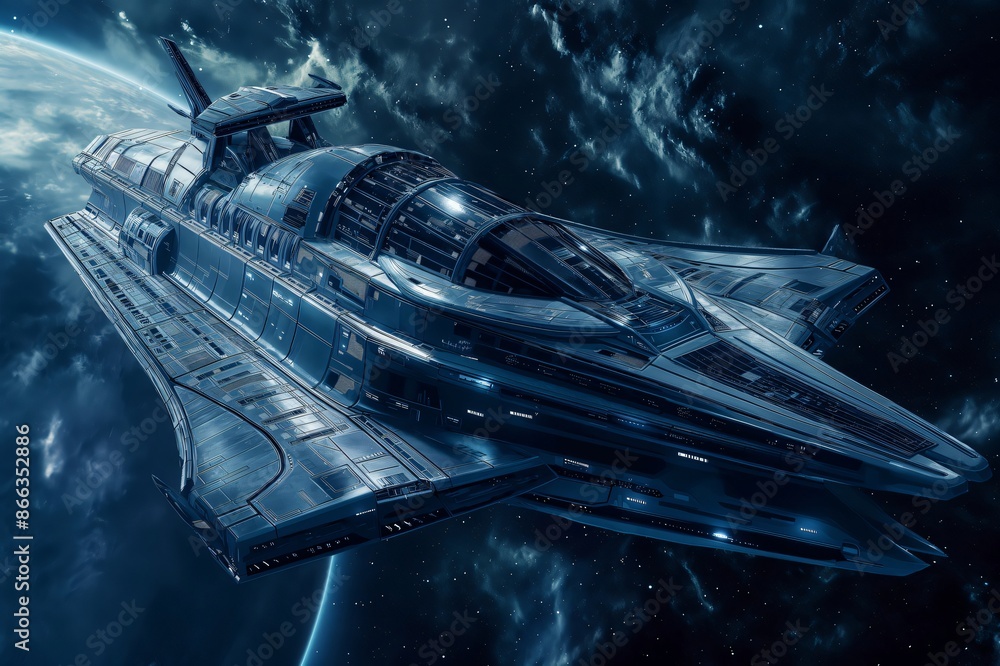 Poster sleek spaceship gracefully journeys through space, passing a distant planet, evoking wonder and expl