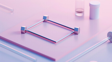 Minimalistic lab tools forming a neat square on a light pink surface.