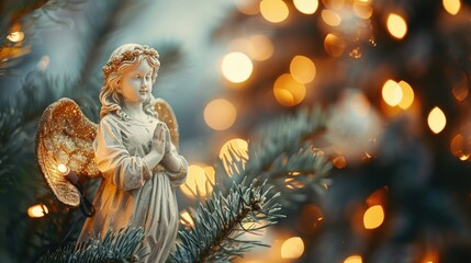 Obraz premium Holiday Christmas background with angel on bokeh Christmas tree