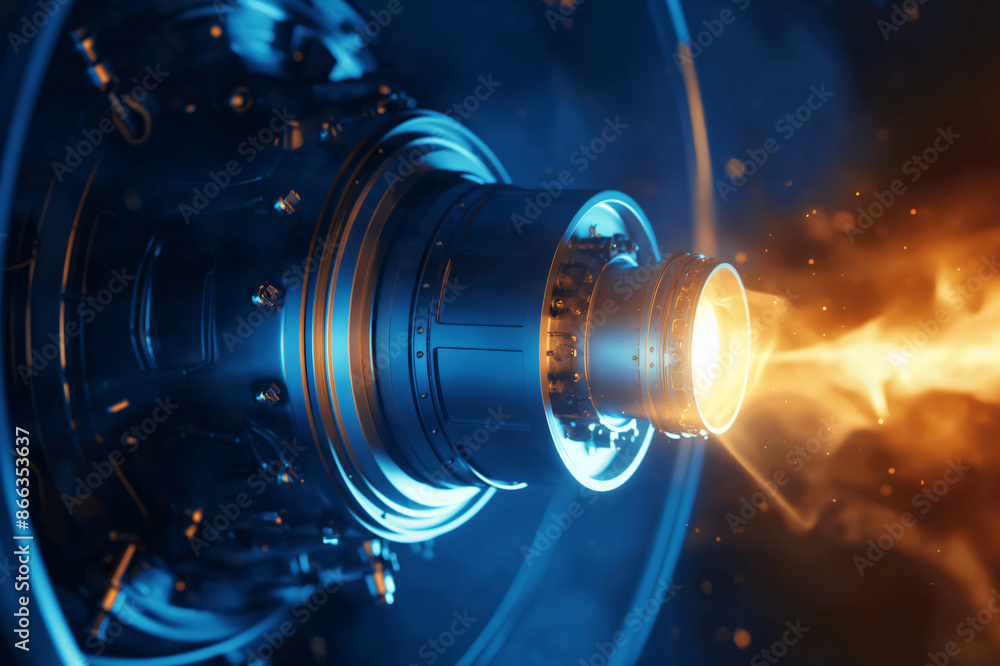 Poster powerful spaceship engine ignites, creating a mesmerizing plasma plume in space. the futuristic tech
