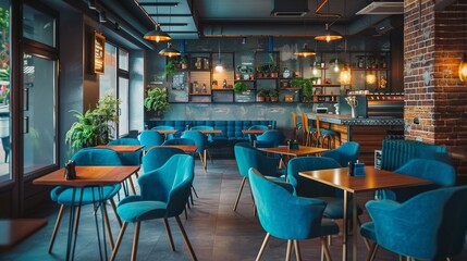 Chic cafe interior  blue chairs, cozy lighting   ideal for relaxing and socializing