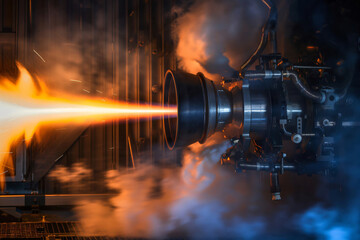 Powerful rocket engine is being tested in a specialized facility, generating an enormous jet of fire and smoke