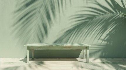 3d rendering of empty table with palm tree shadow on wall background for product display presentation in summer concept