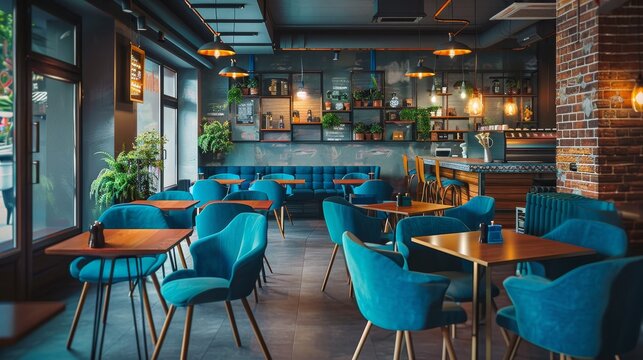 Chic cafe interior  blue chairs, cozy lighting   ideal for relaxing and socializing