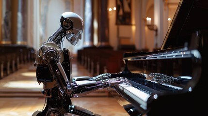 Robot playing a grand piano in a church, showcasing the intersection of technology, art, and spirituality. Concept of AI creativity, future of music, and innovation.