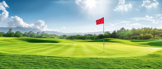 Golf course with flag and green, sports news background, clear text area