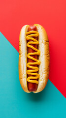 Delicious aesthetic hot dog in bun with mustard, copy space. Split blue and red background. Street food. Generative AI