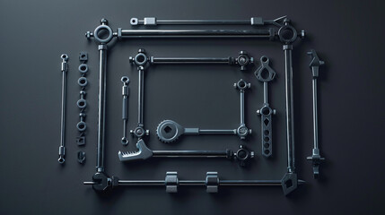 Obraz premium Minimalistic mechanical tools arranged in a perfect square on a dark grey backdrop.