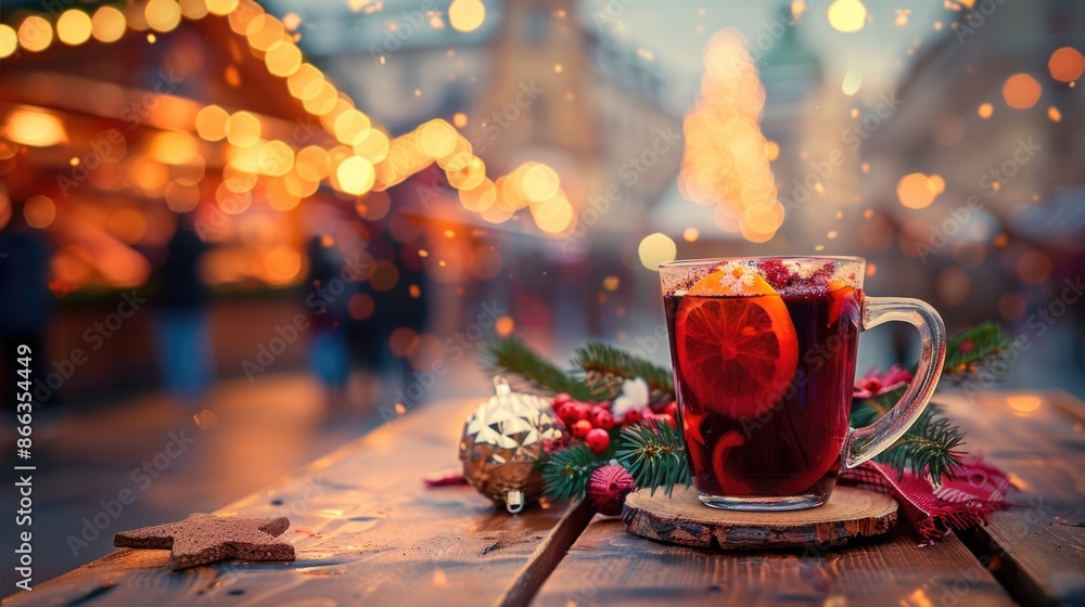 Poster Hot mulled wine on wood table with christmas market in the background