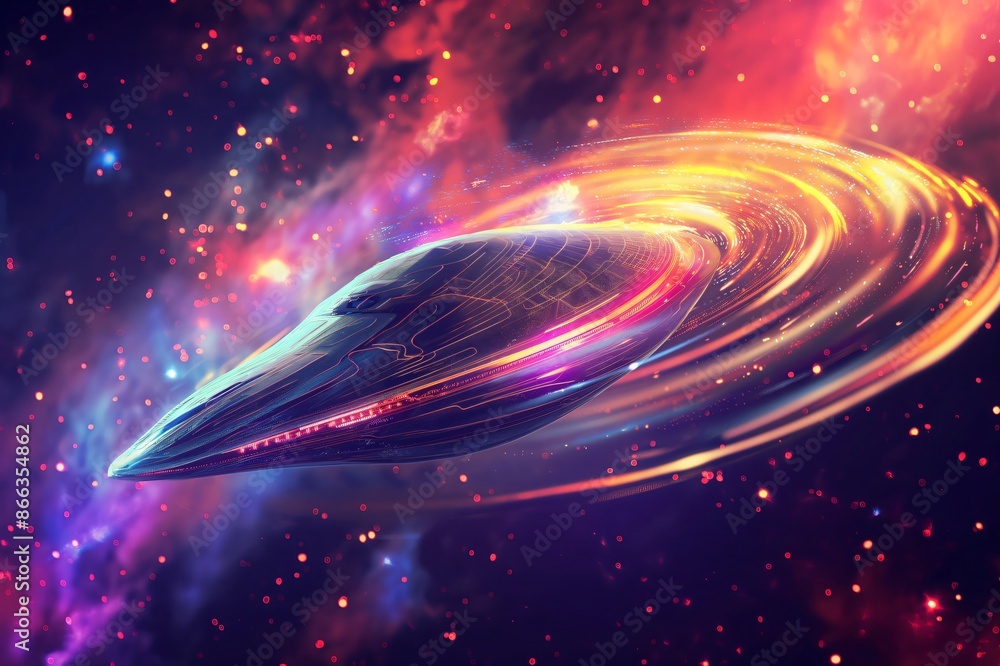 Aufkleber futuristic spaceship explores a mesmerizing wormhole in space, surrounded by galaxies and nebulae, c