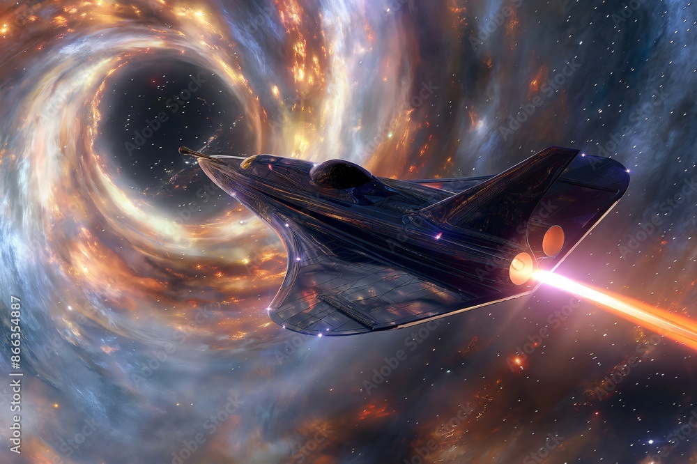 Poster futuristic spaceship is flying near a black hole in a distant and unexplored part of the universe
