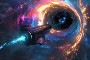 Futuristic spaceship is navigating through a vibrant and colorful wormhole in the vast expanse of...