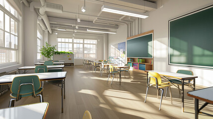 Modern and bright classroom interior with white walls, comfortable desks and chairs, a green blackboard, and a whiteboard, prepared for the new school year.