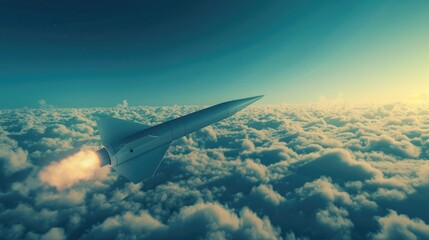 Fototapeta premium Hypersonic missile. A combat rocket is flying above the clouds. Missile attack, air attack, war, missile strike.