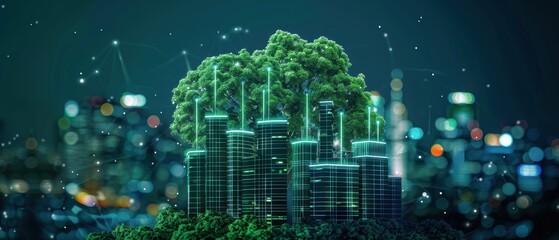 Smart city concept with green technologies, urban sustainability, tech innovation