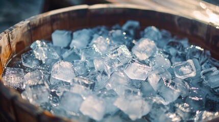 Ice bath full of large ice cubes, cold water in wooden tub with ice floating