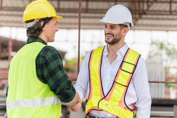 Engineer and foreman worker team inspect the construction site, Site manager and builder team meeting for planning project at construction site