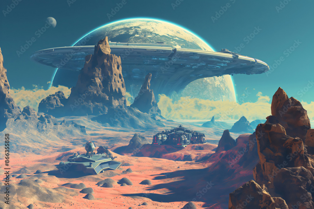 Poster large spaceship is hovering over a red planet with an outpost and research vehicles on the ground