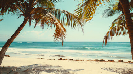 Fototapeta premium A beach scene with palm trees and a blue ocean