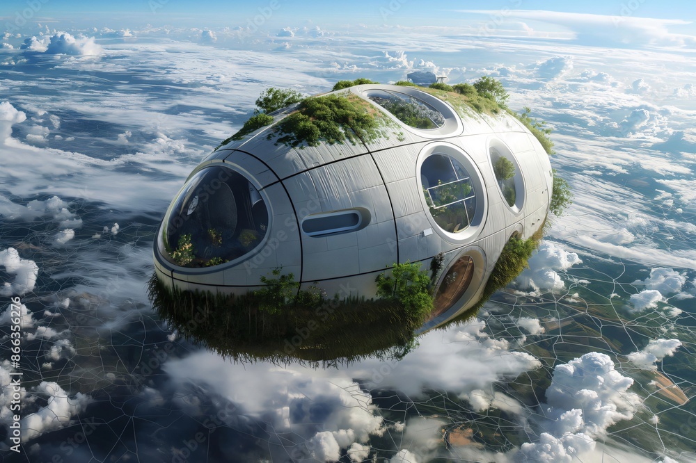Poster futuristic spacecraft with lush vegetation is floating above the clouds, offering a glimpse into the