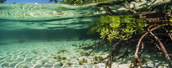Naklejka premium Intricate Mangrove Roots Emerging from Crystalline Underwater Ecosystem
