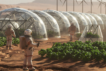 Astronauts working on a Martian farm with domed greenhouses and wind turbines in the background, showcasing the concept of space colonization and sustainable living beyond earth