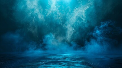 Abstract background of blue mist and smoke on dark night scene with spotlight