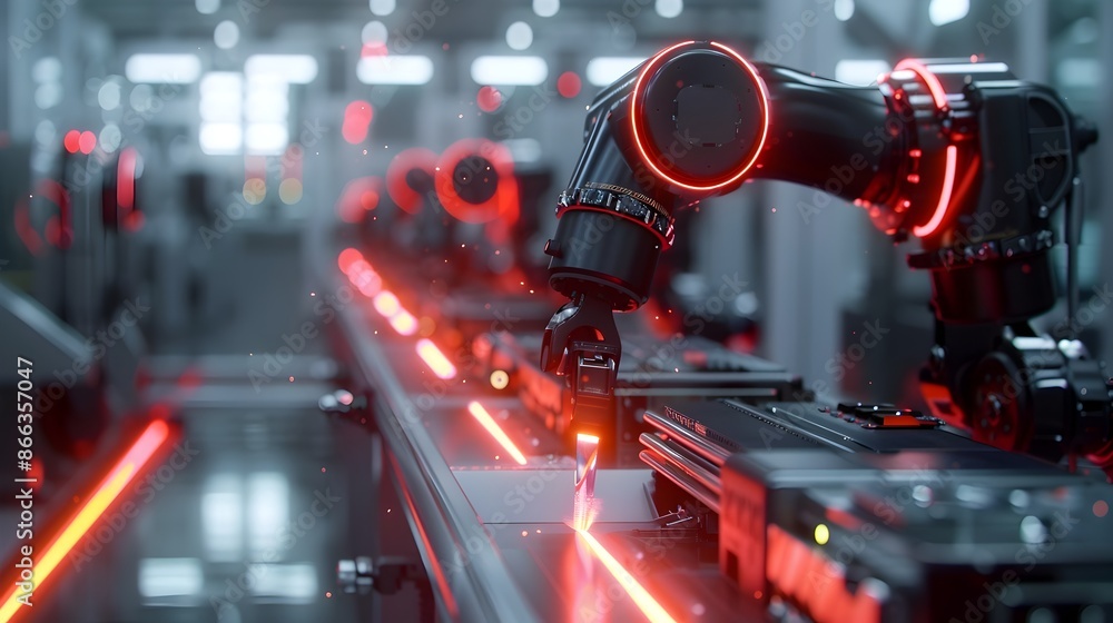 Poster advanced robotic manufacturing line producing high tech electronics with exceptional efficiency