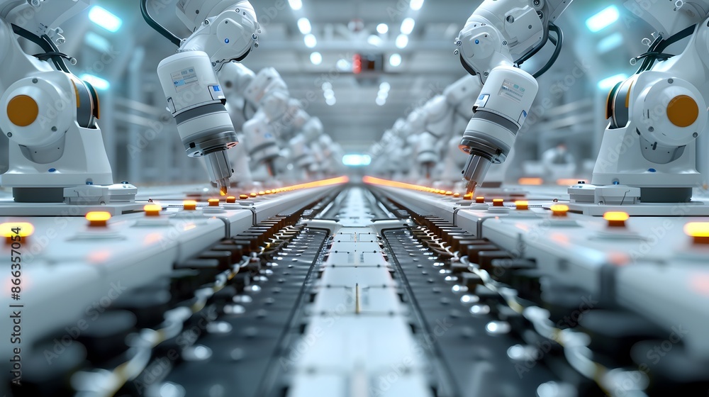 Poster advanced robotic manufacturing line producing high tech electronics with exceptional efficiency