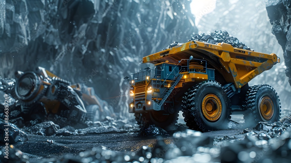 Poster autonomous mining machinery extracting minerals in rugged terrain