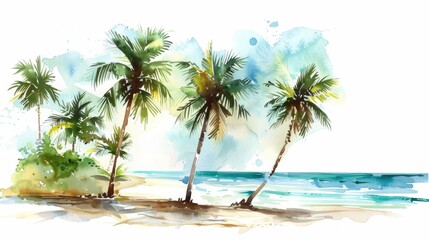 Fototapeta premium Illustration of palm trees on the beach with ocean sea, watercolor painting of palm trees isolated on white background