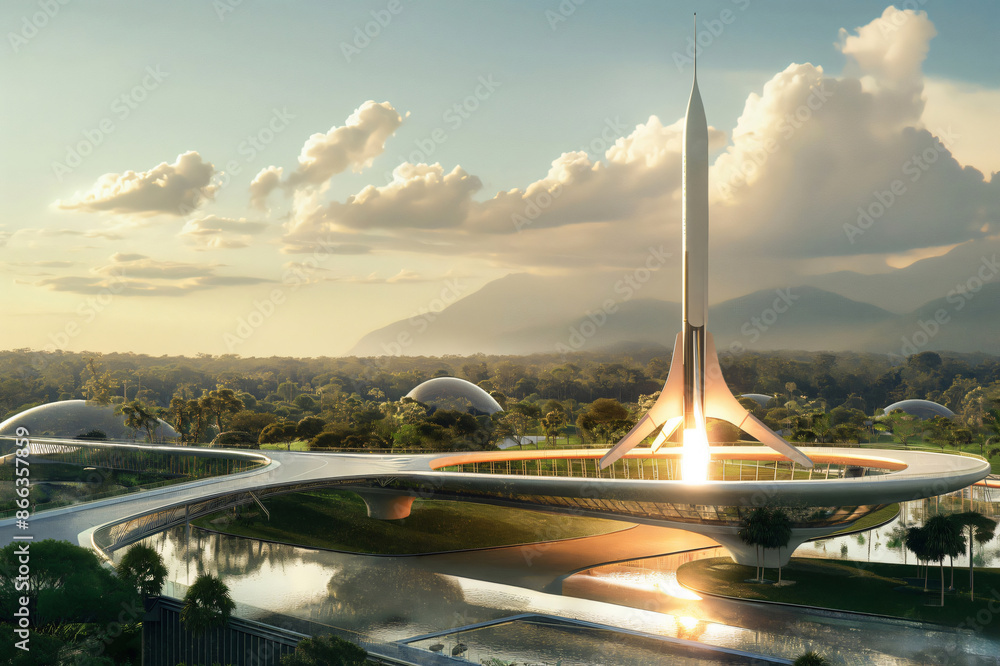 Poster futuristic spaceport with a rocket launching into space surrounded by lush green forest and modern a