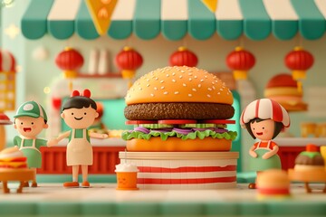 Fototapeta premium Animated scene, the Hamburger Hunter interacting with friendly Chinese people, celebrating the beauty of cultural diversity