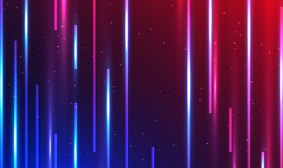 Abstract background with ascending colorful neon lines. Vertical neon lines with glowing trails. Blue and purple colorful ray stripes. Hi-tech sci-fi trendy tunnel. Technology, future. 3d. 4k. Vector.