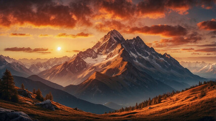 A high-quality photograph of a breathtaking mountain landscape at sunset, with vibrant orange skies and majestic peaks.