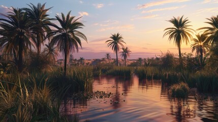 Image scenery of an oasis at dusk