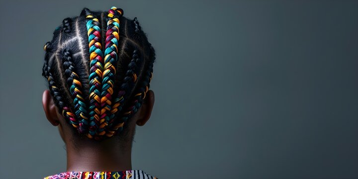 African woman displaying traditional cornrow hairstyle against grey background celebrating cultural beauty. Concept Cultural Beauty, African Hairstyle, Traditional Cornrows, Grey Backdrop