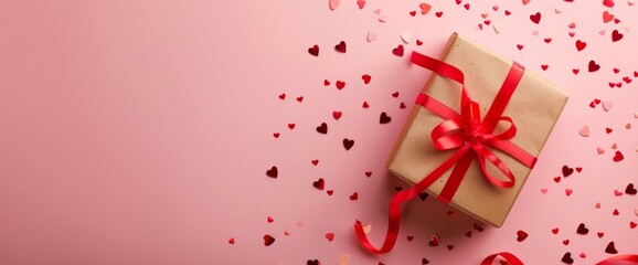 Valentine's Day Gift: A Wrapped Present with Red Ribbon and Hearts