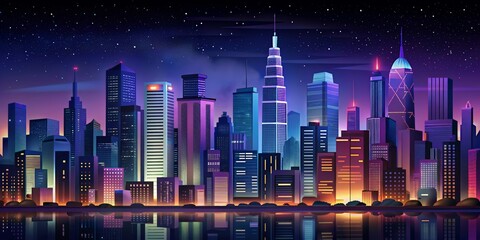 Obraz premium Vibrant Cityscape at Night, Neon Lights and Reflections