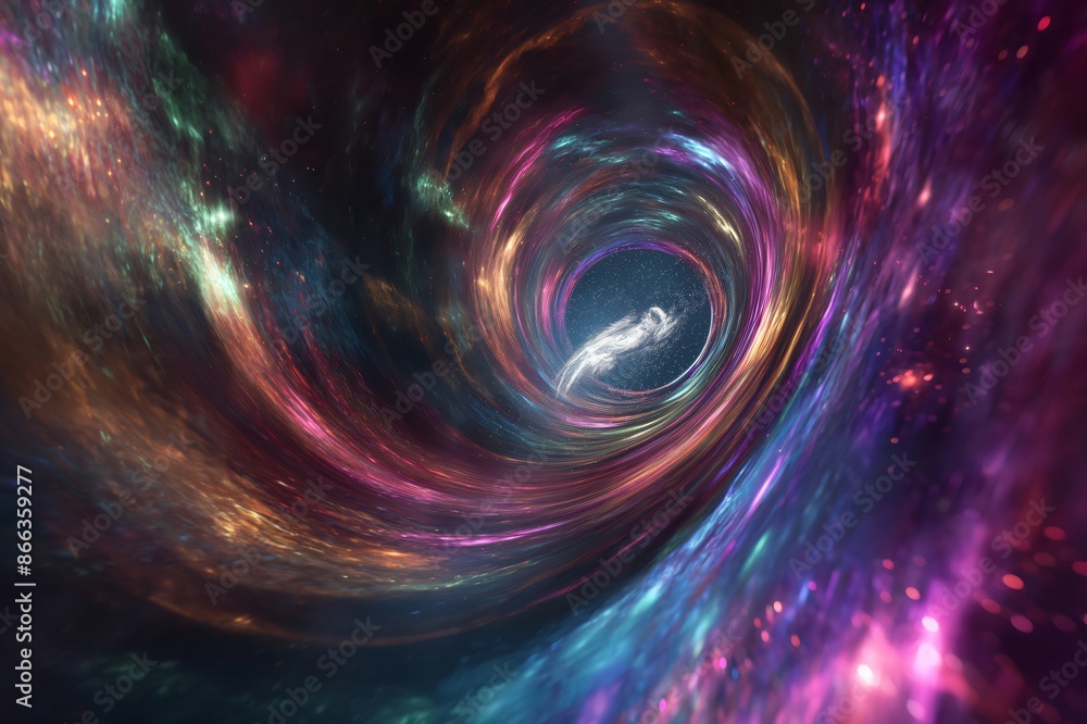 Poster futuristic spaceship is entering a wormhole surrounded by colorful nebula clouds, in the deep space