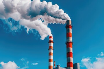 Industrial power plant with thick CO2 smoke from chimney